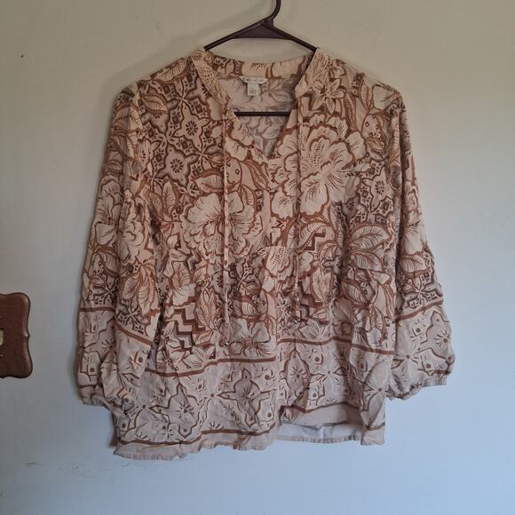Cato Tops - Cato Women’s L Brown Floral Boho Rayon Blouse Batik Border Print Peasant Top